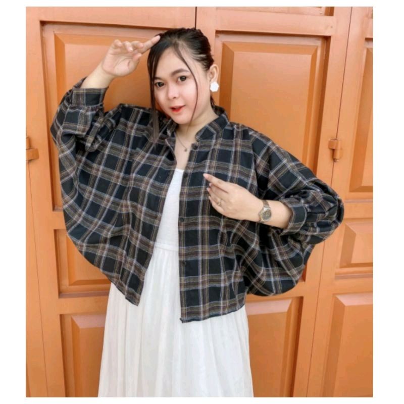 Kemeja Batwing Wanita Premium / Atasan Crop Outer Kotak Kotak Kekinian Cewek/Wanita/Perempuan