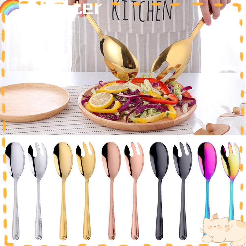 Solighter Salad Spoon Fork Colorful Unik Sendok Makan Saji Makanan Set Stainless Steel Gold Tableware