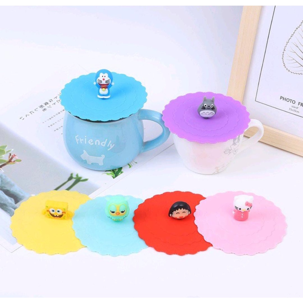 Tutup Gelas Cangkir Mug Silicone Karakter Lucu Murah Warna Warni Anti Tumpah