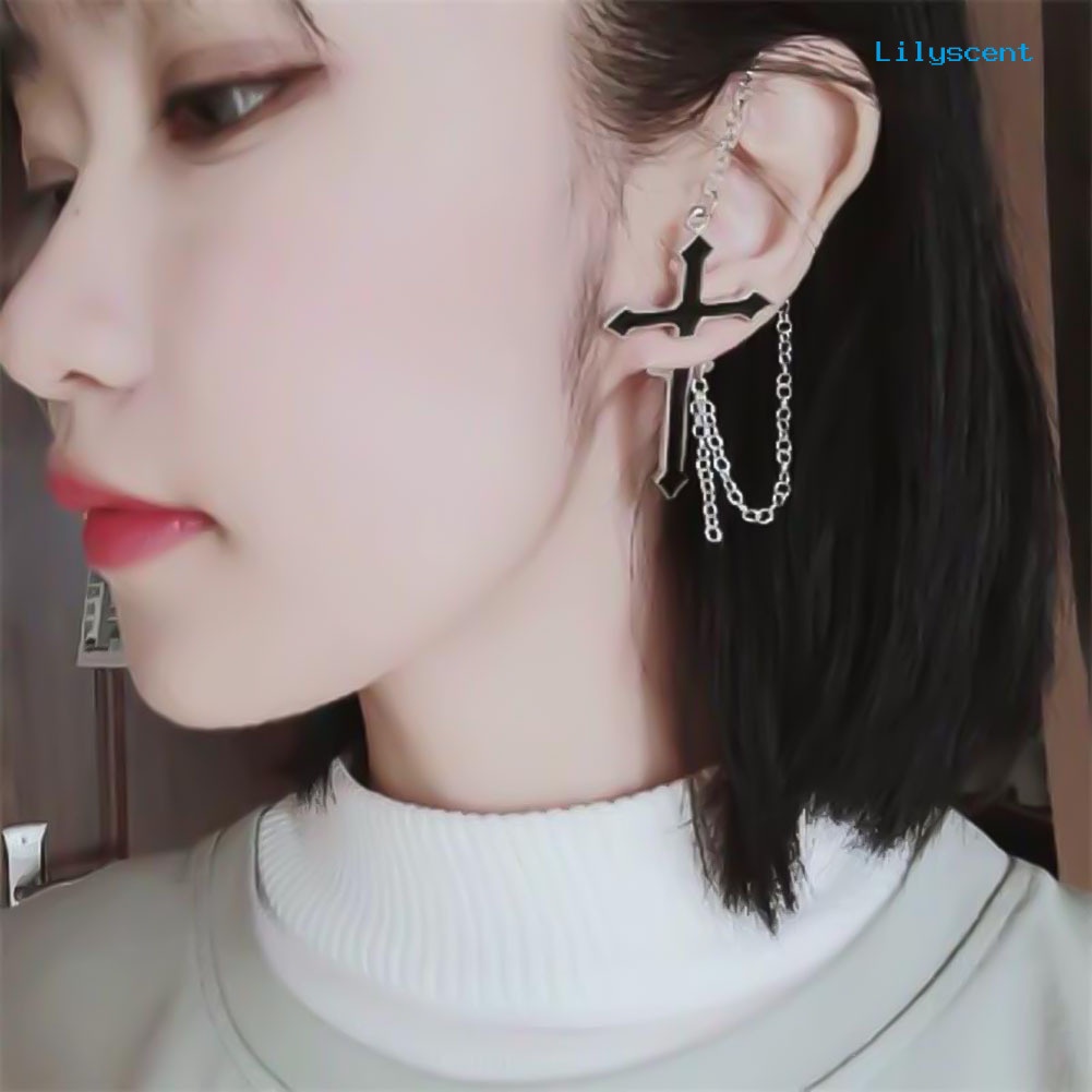 [LS] 1pc Unisex Punk Cross Drop Rantai Panjang Tulang Rawan Stud Anting Tindik Perhiasan