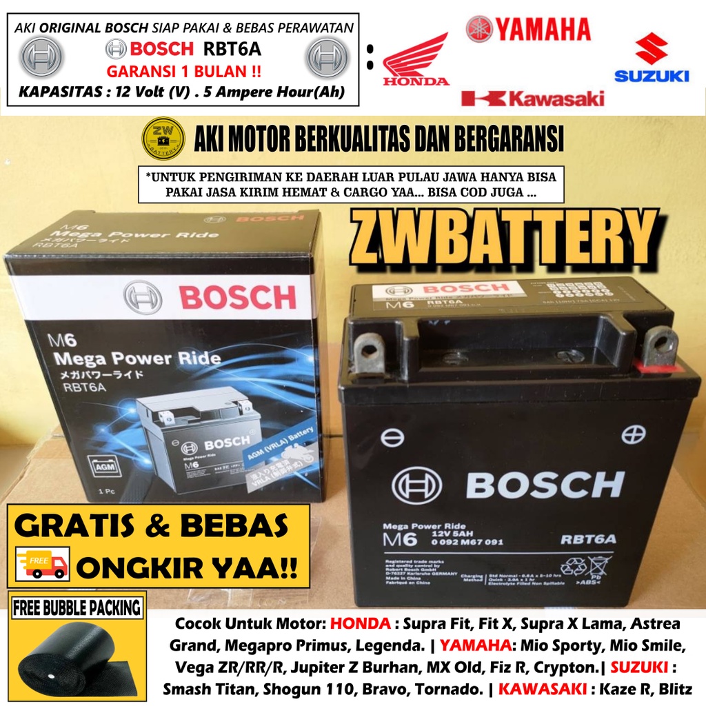 AKI MOTOR SUPRA X 100CC, ASTREA GRAND, LEGENDA, FIT X RBT6A BOSCH AGM MF