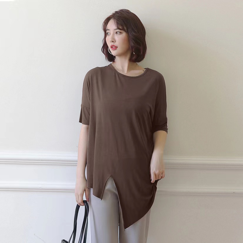 baru! Blus Wanita Katun Modal Katun Longgar Lengan Pendek Irregular Dolman Sleeve T-Shirt Pakaian Kasual