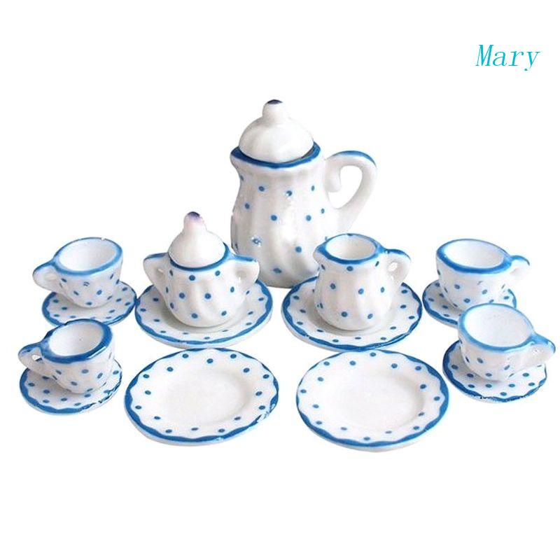 Mary Miniatur 1: 12mainan 15pcs Set Porselen Bunga Biru Simulasi Rumah Boneka De