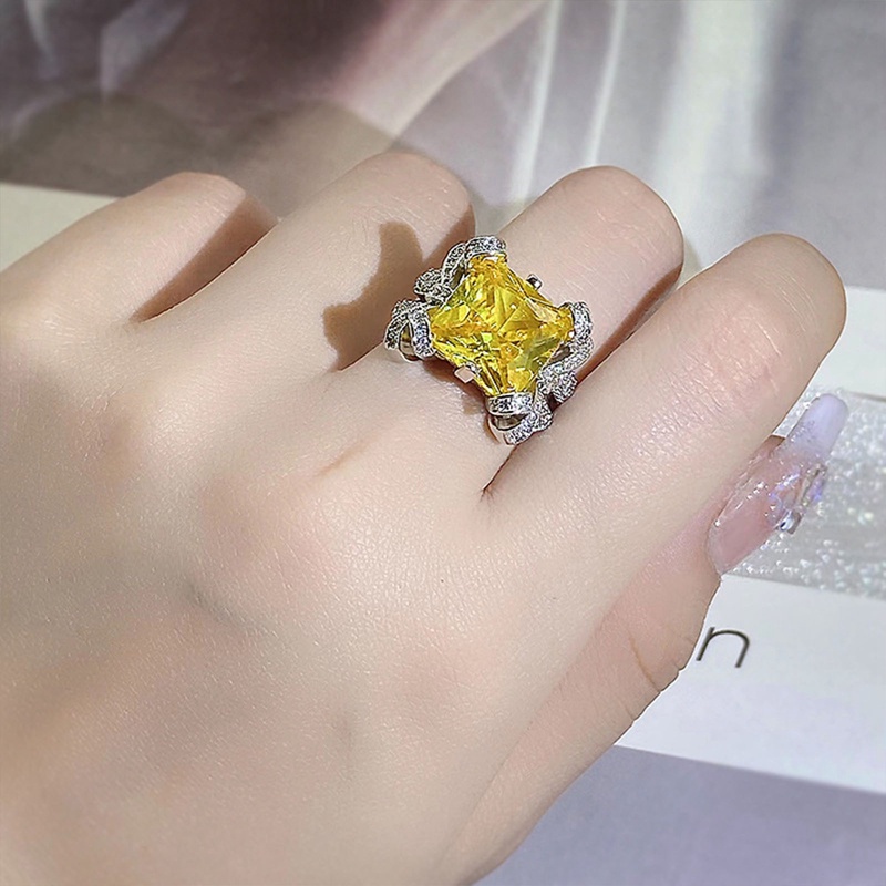 Mewah Perempuan Cincin Batu Kristal Kuning Klasik Warna Perak Kawin Rings Untuk Wanita Trendi Zirkon Persegi Tipis Engagement Ring