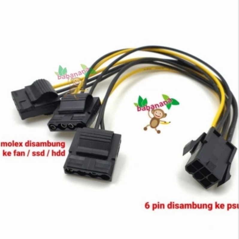 Kabel 6 pin to molex 1 to 3 splitter cabang converter adapter fan hdd