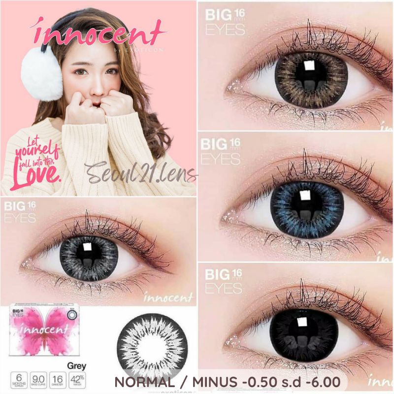 SOFTLENS INNOCENT BIG EYES GREY BROWN BLUE BLACK. dia16MM. NORMAL/MINUS s.d -6.00 Made in KOREA