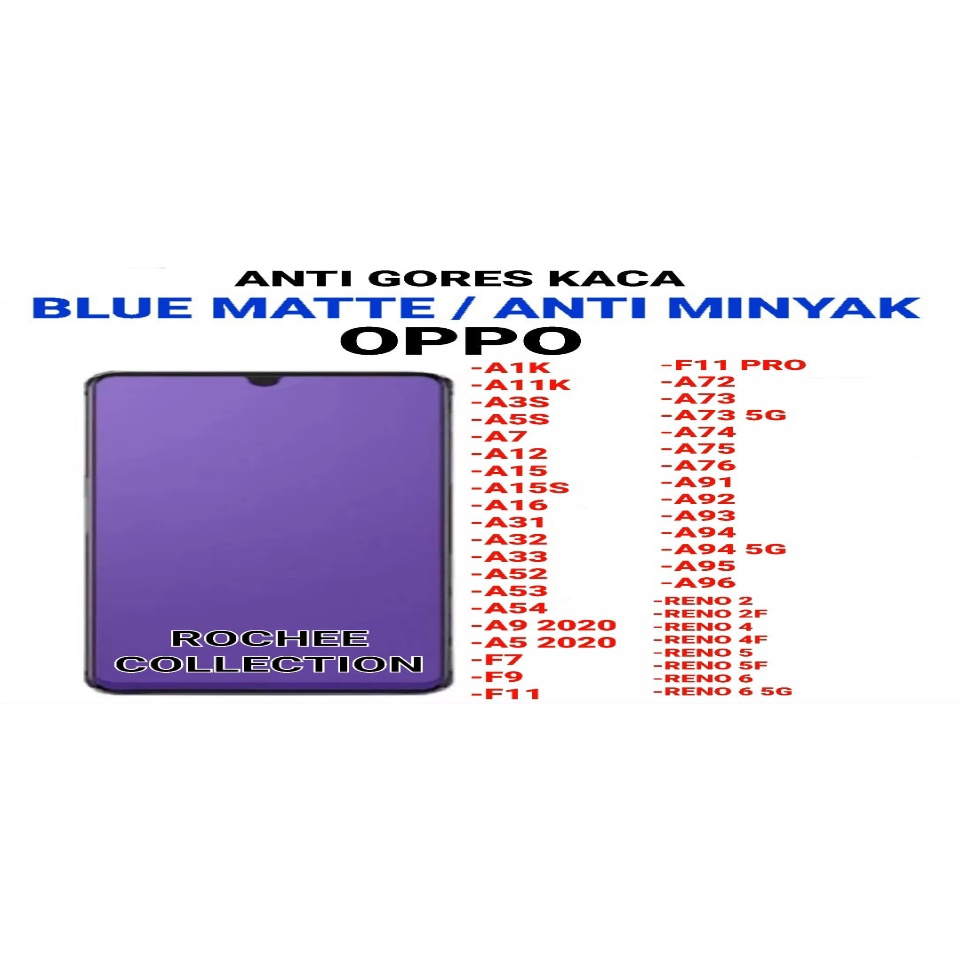 ANTI GORES KACA BLUE MATTE FULL LAYAR OPPO A1K/A11K/A3S/A5S/A7/A12/A15/A15S/A16/A31/A32/A33/A52/A53/A54/A5 2020/ A92020/ F7/F9/F11/F11PRO/A71/A72/A73/A74/A75/A76/A91/A92/A93/A94/A95/A96/ RENO2/ RENO 2F/ RENO 4/ RENO 4F/ RENO 5/ RENO 5F/ RENO 6/ RENO 6 5G