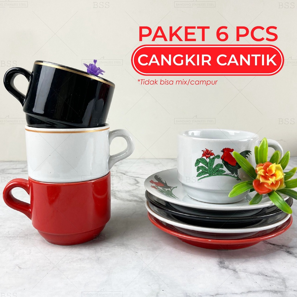 6pcs Cangkir Keramik 200ml Set Gelas Cafe Minum Teh Kopi dengan Tatakan Mug Souvenir Hadiah Gift Tea Set Ayam jago Black White list Gold Red