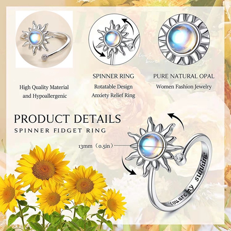 Wanita Bunga Matahari Spinner Cincin Terbuka Dapat Disesuaikan Fidget Rings Untuk Kecemasan Menghilangkan Stress Cubic Zirconia Bunga Bulan Bintang Stackable Rings Fidget Jewelry Women Girl