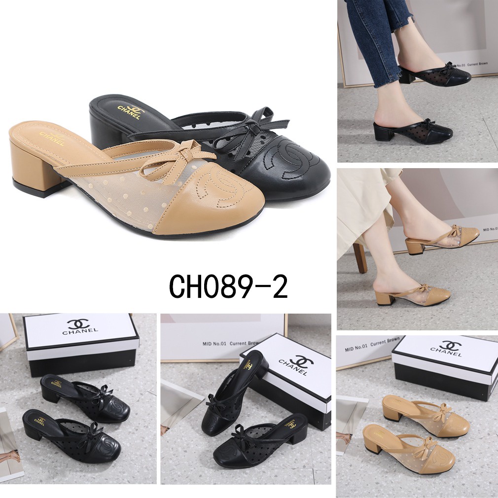 CH Mesh &amp; Leather CC Logo Block Heel Pumps CH089-2