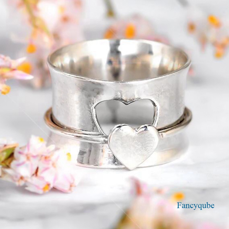 Retro Kreatif Indah Peach Hati Berongga Jahitan Cincin Berputar Untuk Wanita Sederhana Warna Silver Finger Ring Perhiasan Pesta