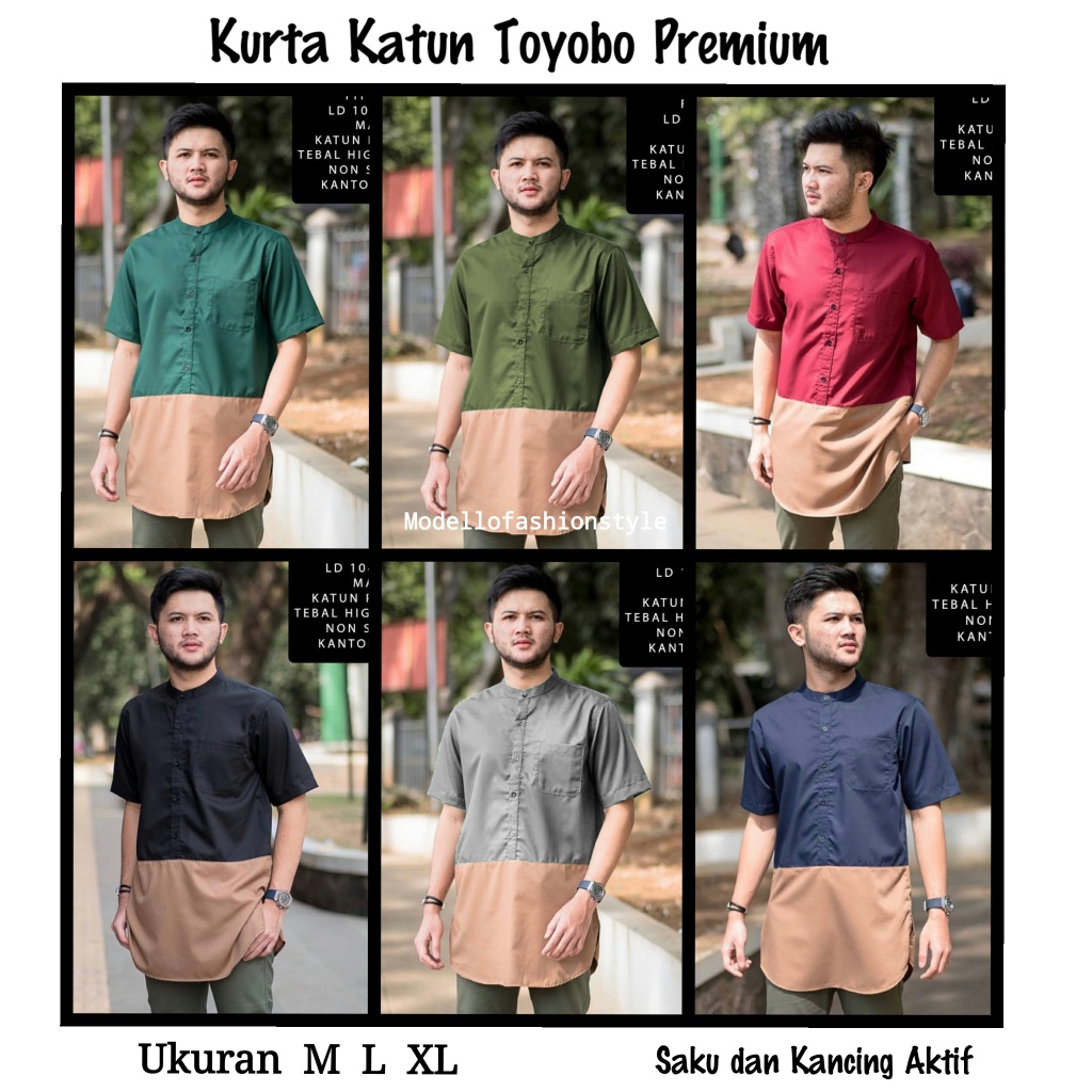 REZA - KEMEJA KURTA KOKO QURTA KATUN PREMIUM TOYOBO SIZE M L XL JUMBO LENGAN TANGAN PENDEK KOMBINASI