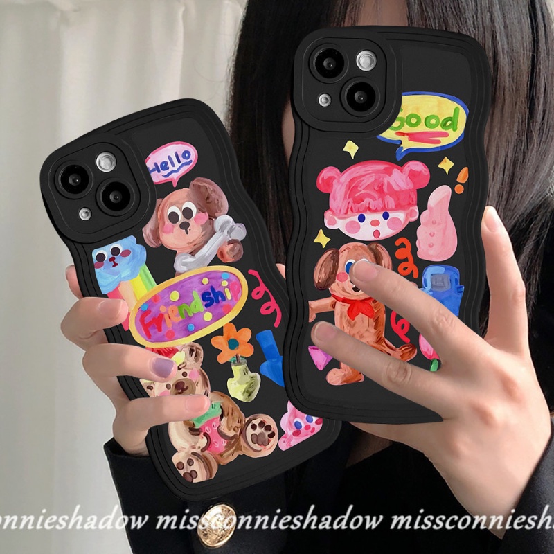 Redmi A1 9 9T 9A 10 10A 10C 9C A1+Mi 11T Pro Note 11 10Pro 9 8 10 10s 9Pro 11Pro+Note 9s 11s PO CO M3 X3 NFC Pro Kartun Grafiti Anjing Lucu Gadis Lucu Stiker Lembut Case Wavy Edge