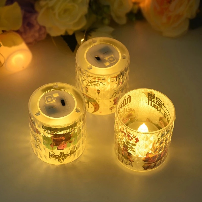 Pesta Lebaran Idul Fitri Ornamen Hadiah Lilin LED Lampu Malam Retro Transparan Elektronik Candle Light Lilin Cup Lampu Ramadhan Dekorasi Desktop Lamp Romantic Painting Lamp