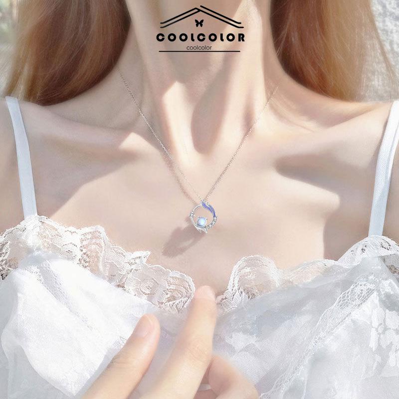 COD❤️Kalung Rantai Klavikula Liontin Moonstone Gaya Korea Silver Untuk Wanita Aksesoris Perhiasan- cl
