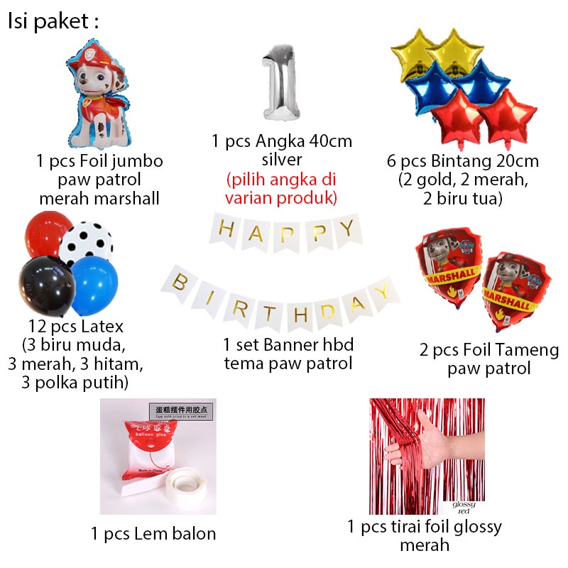 [PAKET] BIRTHDAY Set BANNER PAW PATROL RED MARSHALL Dekorasi Pesta Backdrop Ulang Tahun Anak