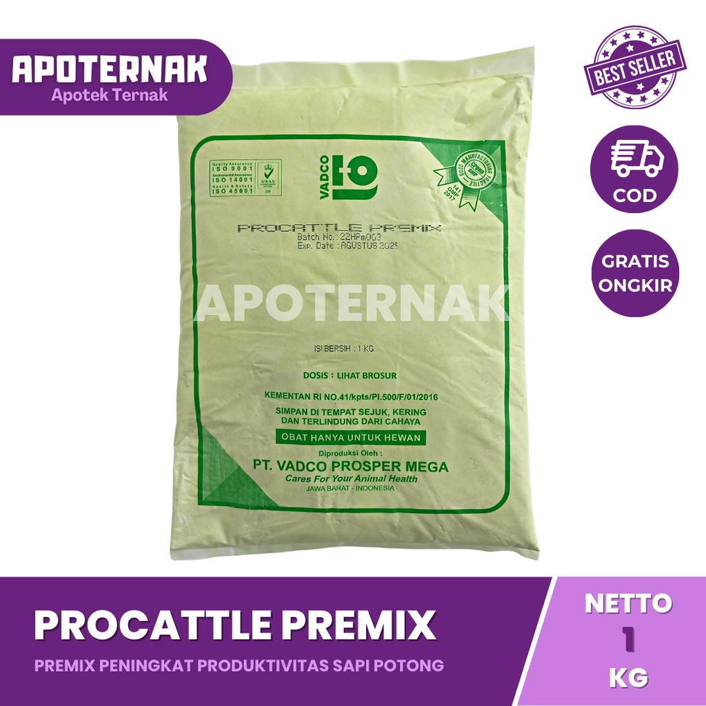 PROCATTLE PREMIX 1 kg | Meningkatkan Produksi dan Produktivitas Sapi Potong | Multivitamin, Asam Amino, Mineral | VADCO