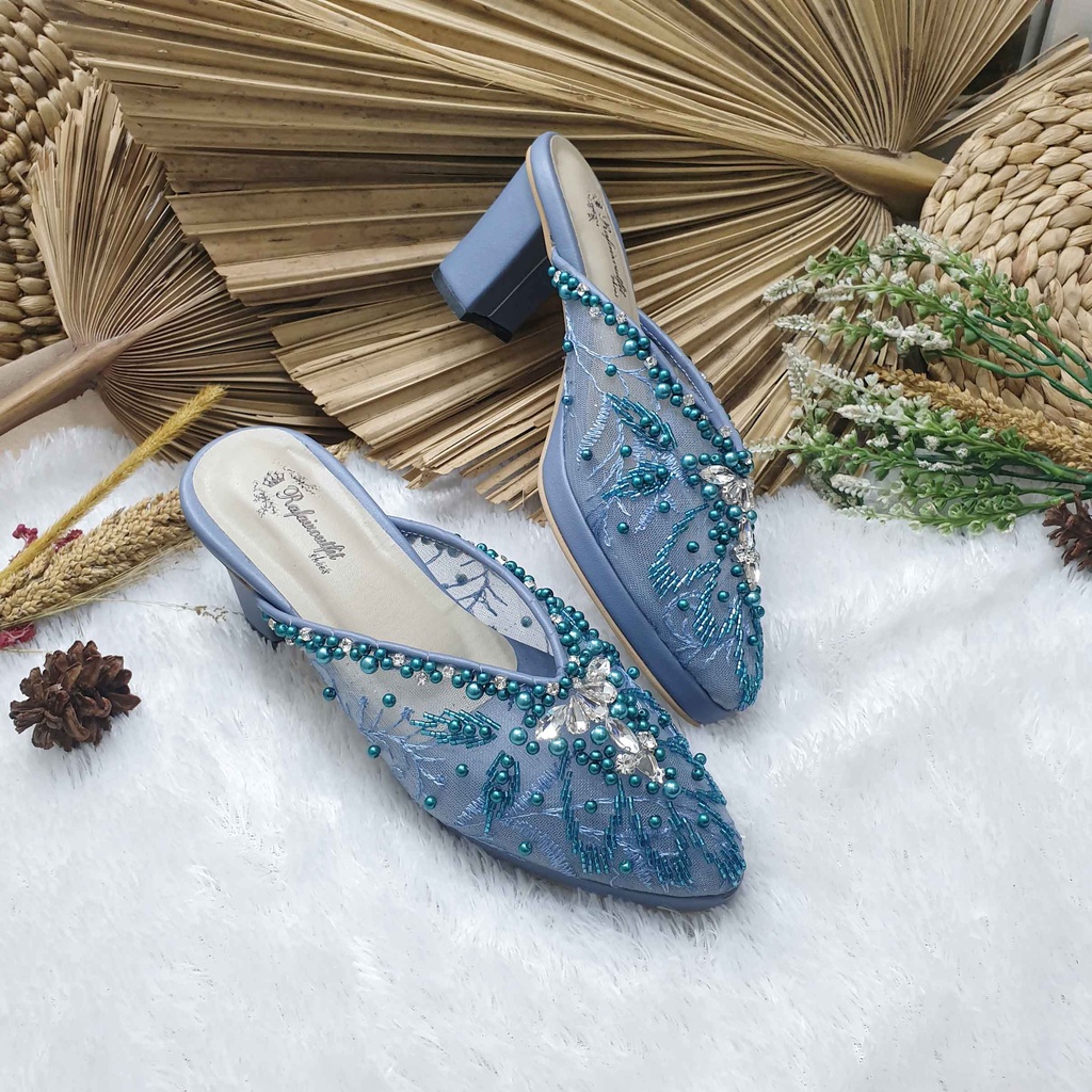 Sepatu wedding pesta cantik alena iceblue &amp; olive hak tahu 5/7 cm