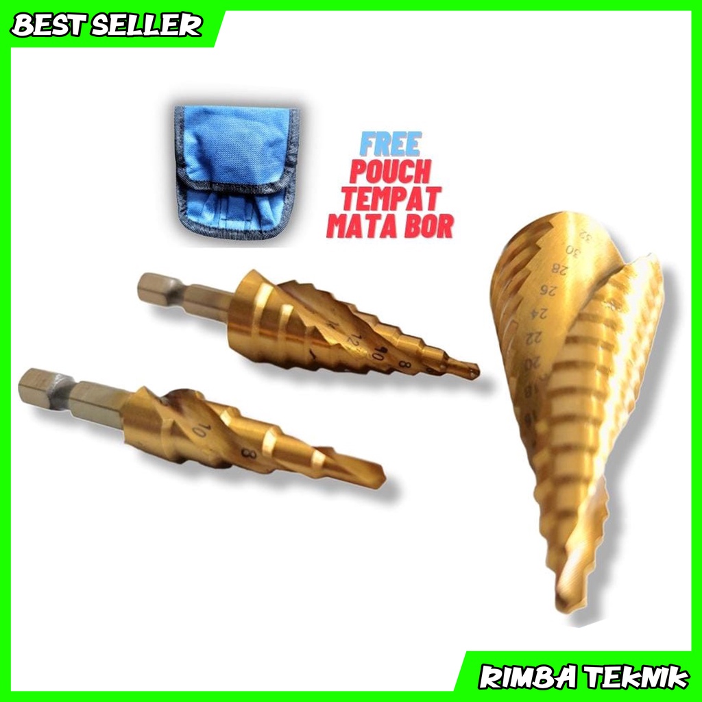 Mata bor pagoda set multi step cone drill HSS coating titanium spiral mata bor piramid kerucut berkualitas