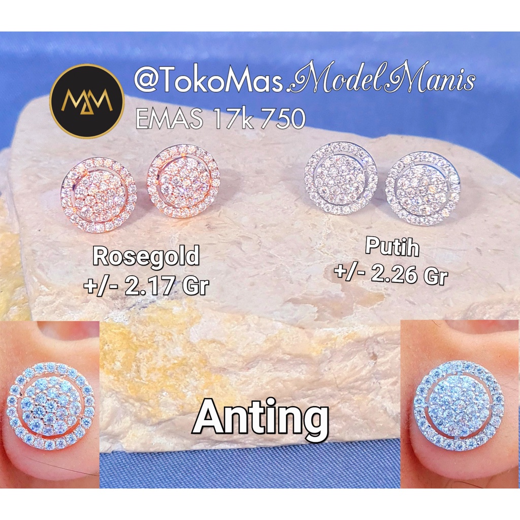 Anting tusuk layer bulat emas putih rosegold 750 kadar 17k