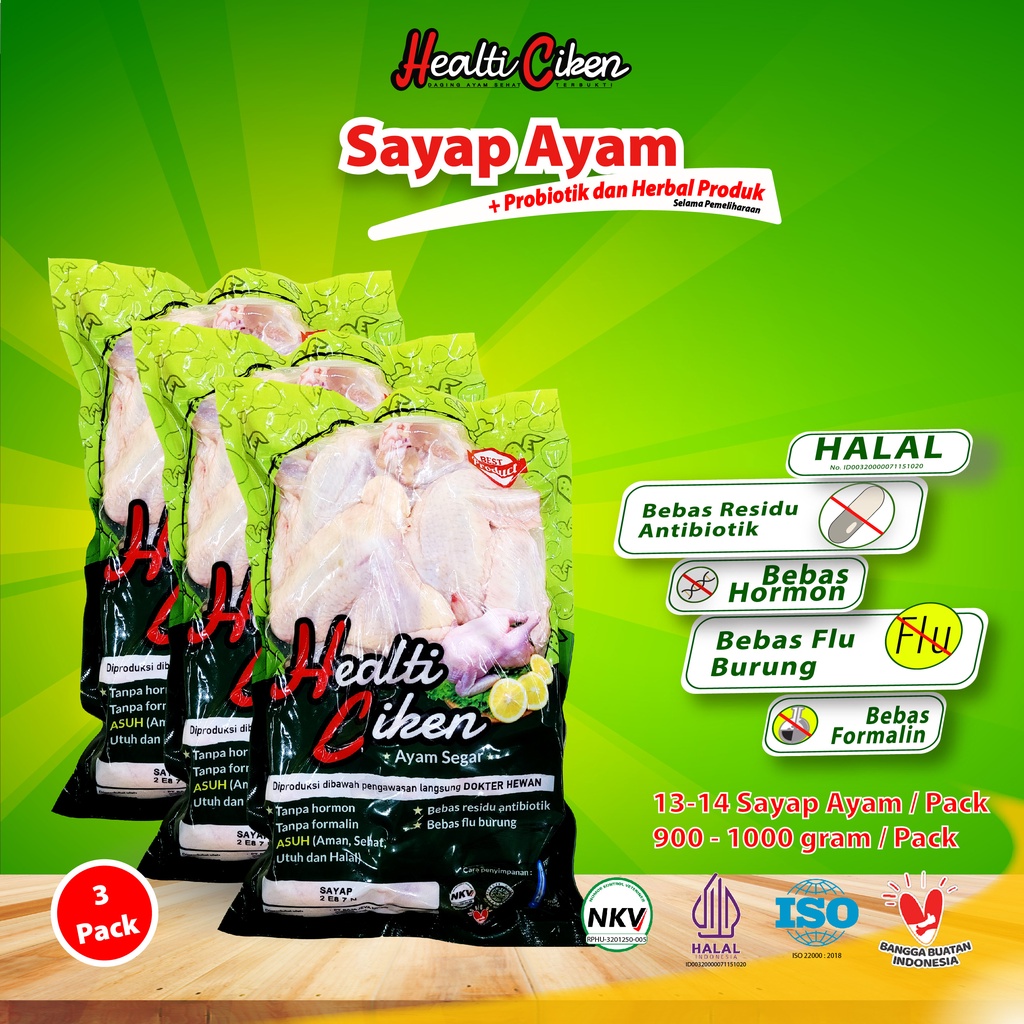 

HEALTI CIKEN Sayap Ayam | Ayam + Probiotik & Herbal Produk | Daging Ayam Sehat | Healti Ciken | 0.9 - 1 kg / Pack