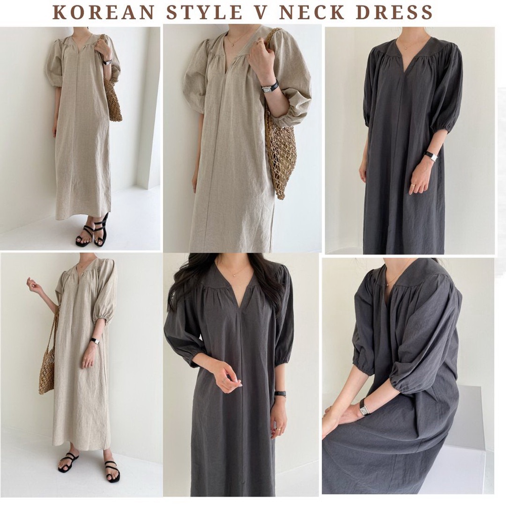 33762 Dress Korea Dress Casual Dress Panjang V Neck Dress