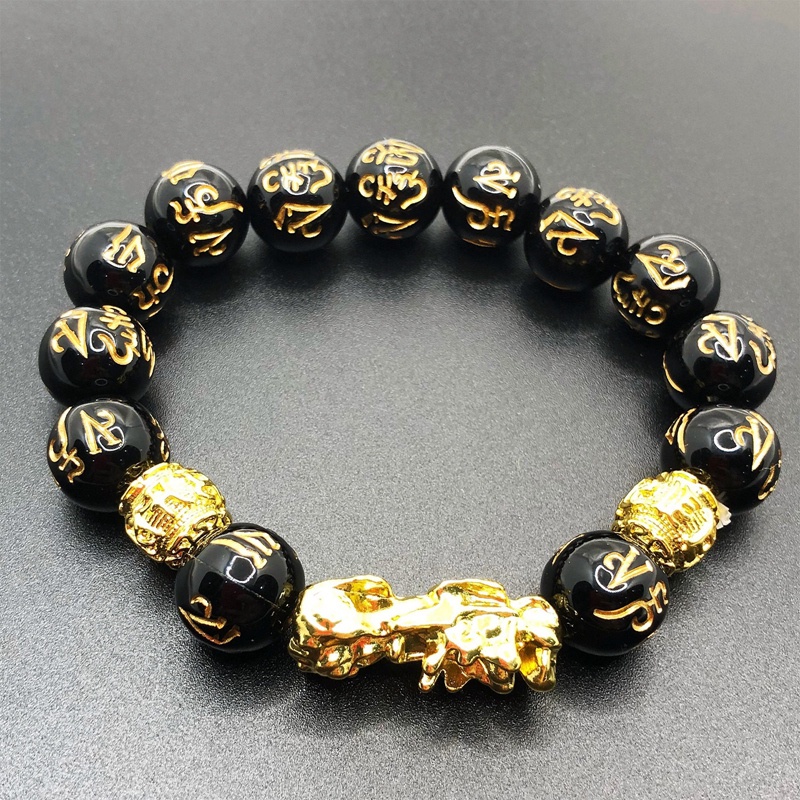 Pria Wanita Feng Shui Gelang Keberuntungan Kekayaan Buddha Obsidian Batu Manik-Manik Gelang Emas Pesona Pixiu Gelang Hadiah