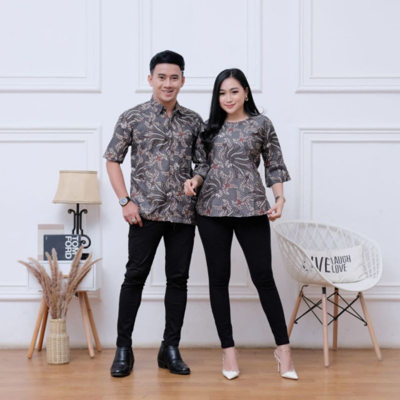 BISA COD-Baju Couple Pria Wanita Kemeja Lengan Pendek Blus Batik Seragam Kerja