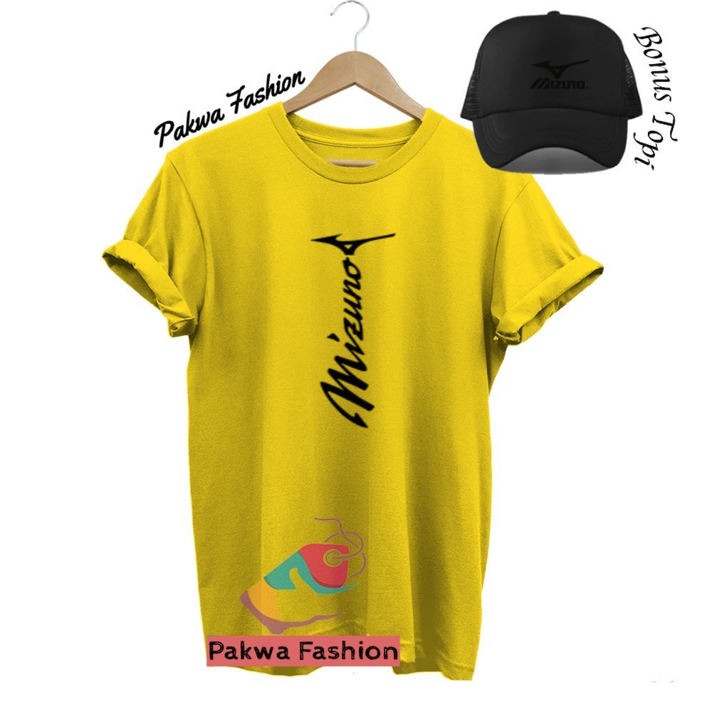 Bonus Topi Kaos Distro Lengan Pendek Mizuno Garis Lurus Hitam Baju Tshirt Polos Pria Wanita Dewasa K