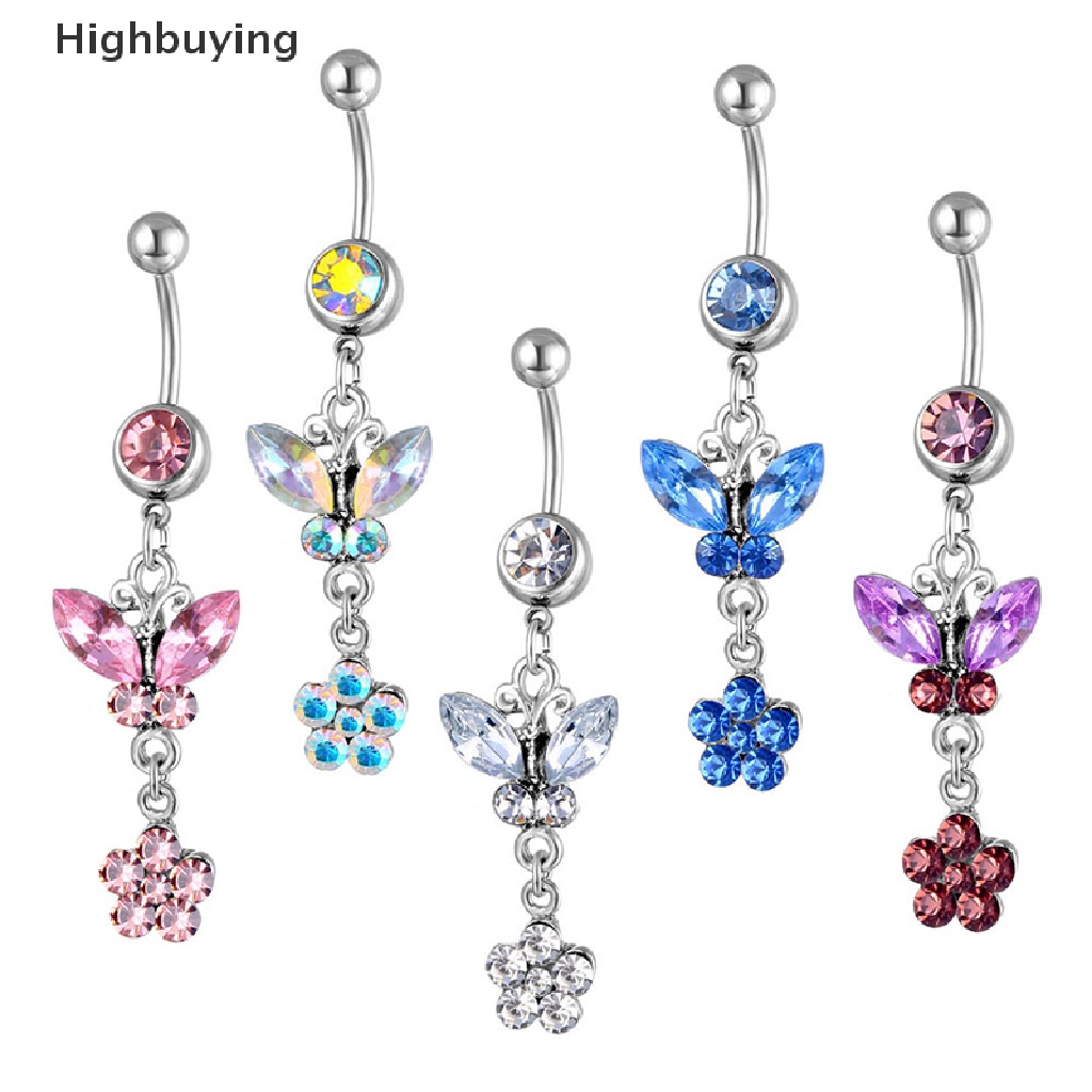 Hbid Surgical Steel Belly Button Ring Navel Nombril Belly Ring Butterfly Flower Kristal Cincin Pusar Fashion Body Belly Bar Body Belly Jewelry Glory