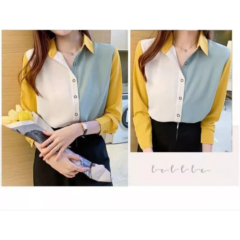 Melina Kemeja Wanita Korea Warna Kombinasi Big Size Over Size S M L XL XXL XXXL 5L Atasan Kerja Wanita