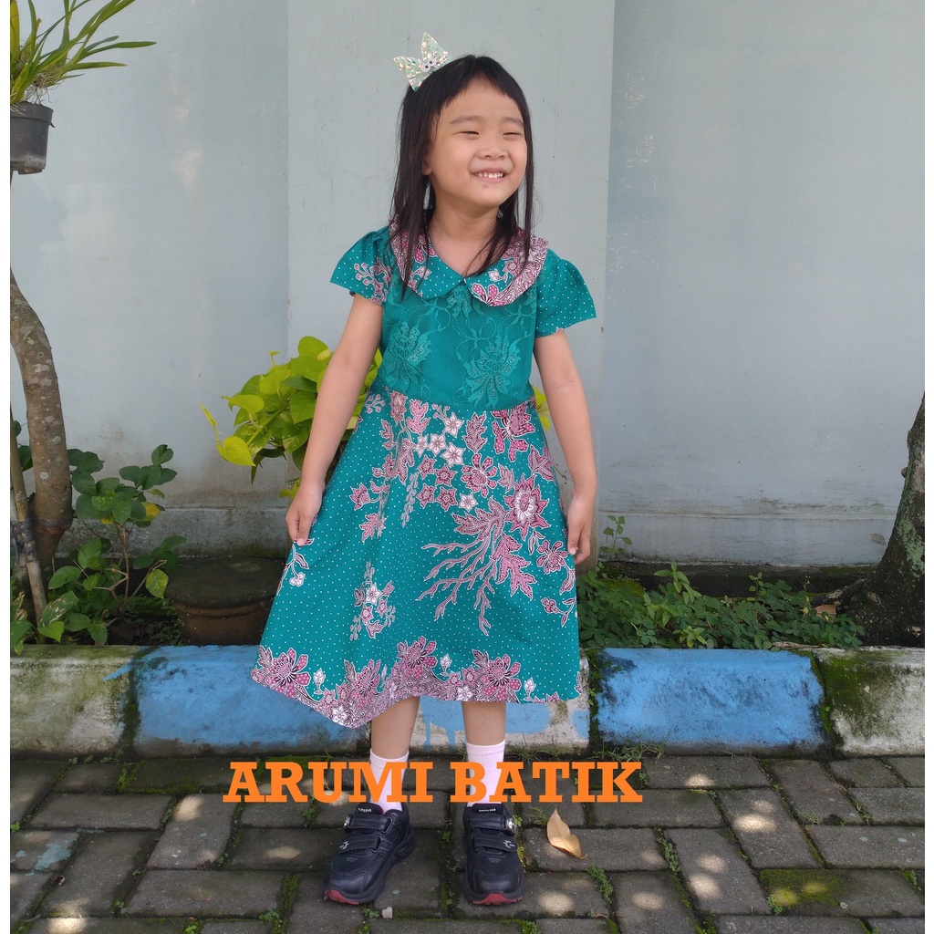 Dress Batik Sekolah Anak Cewe Balita TK SD PAUD BALITA 1376 Hijau Toca