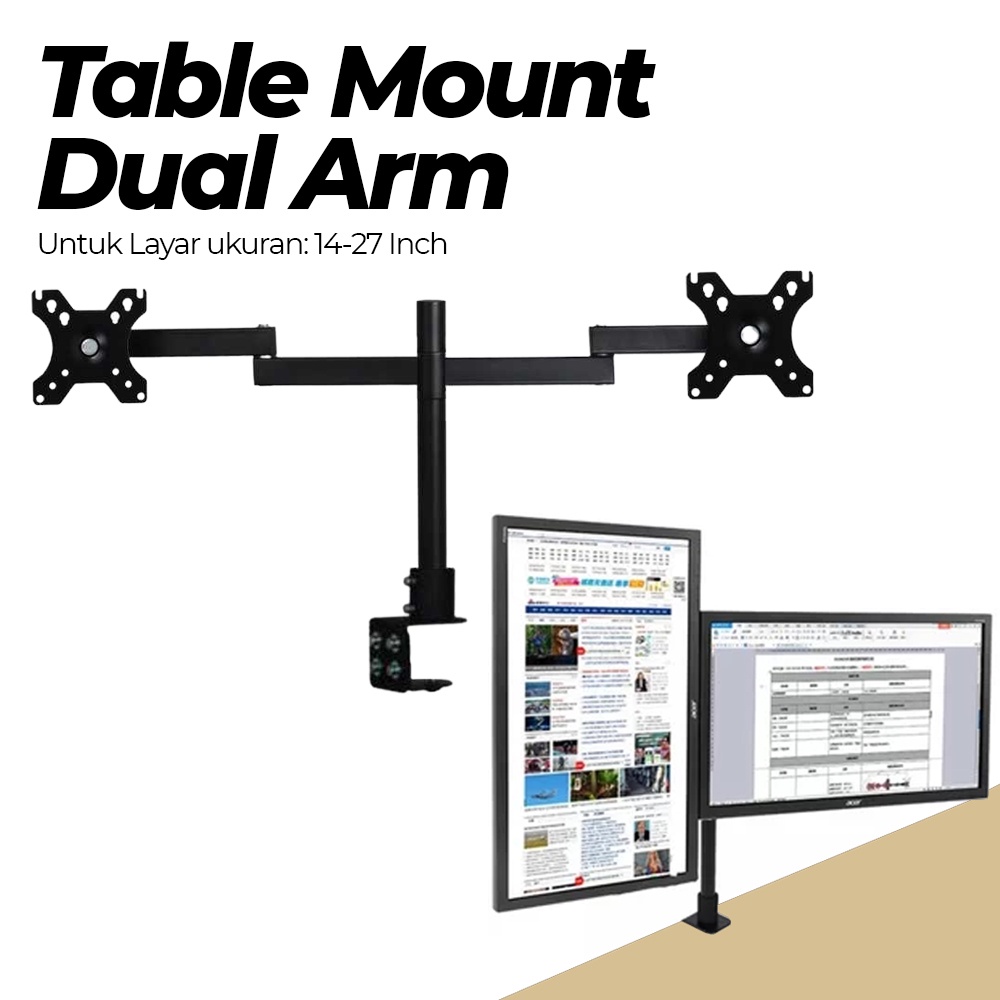 DSupport Table Mount Dual Arm TV Bracket Monitor 100x100 Pitch 14-27 Inch - XD50 - Black