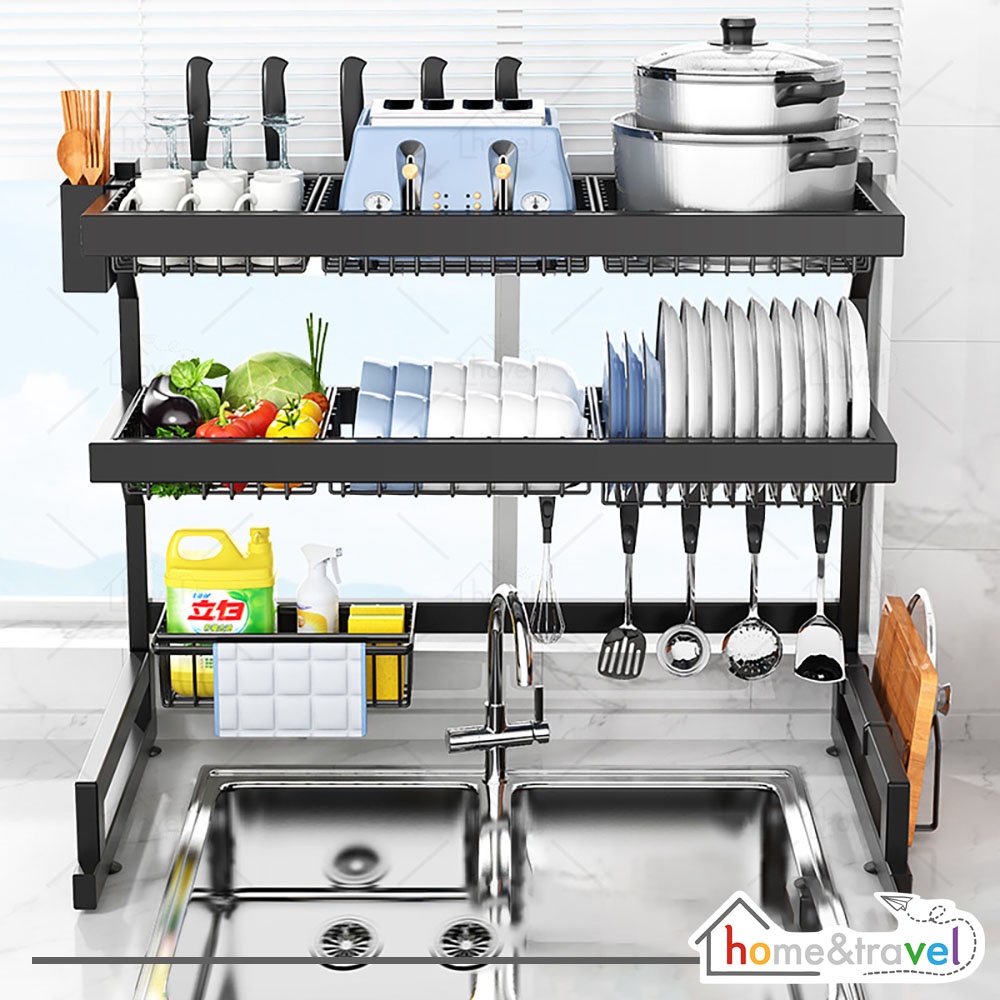 HOVELSHOP Rak Piring Dapur Wastafel Stainless Hitam Anti Karat Kuat 3 Susun 85 cm