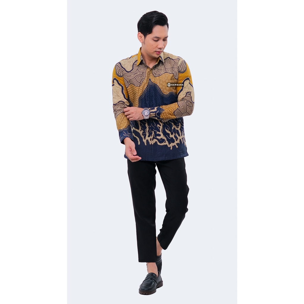 Handara Batik Pria Lengan Panjang Slim Fit Premium Horizon Biru Mustard HB-298