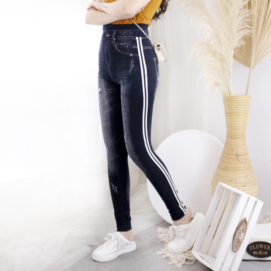 LEGING JEANS HIGHWAIST LIS 2 PUTIH / LEGGING FASHION WANITA / LEJING DENIM IMPORT