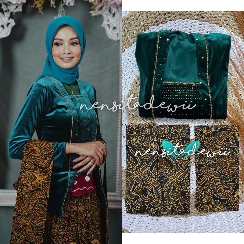 [1 Set, DH03B] Kebaya Payet, Jarik Instan + Selendang Jarik / Nuansa Hijau Botol