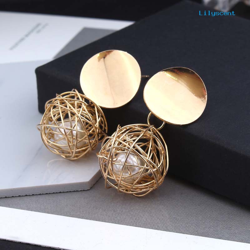 [LS] Fashion Wanita Geometris Anyaman Berongga Bola Mutiara Imitasi Drop Earrings Perhiasan Hadiah