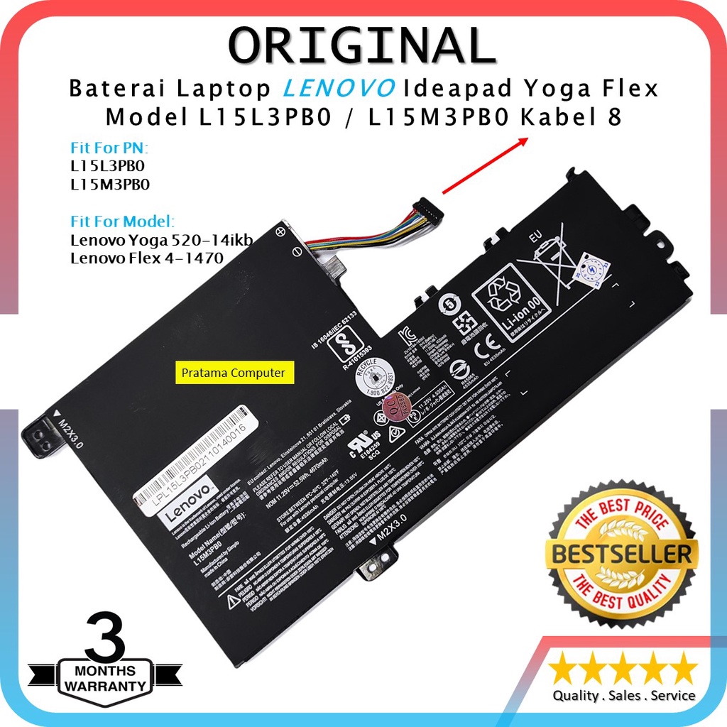 Original Baterai Laptop Lenovo Flex 4-1480 4-1580 11.4V 52.5WH L15M3PB0 / L15L3PB0