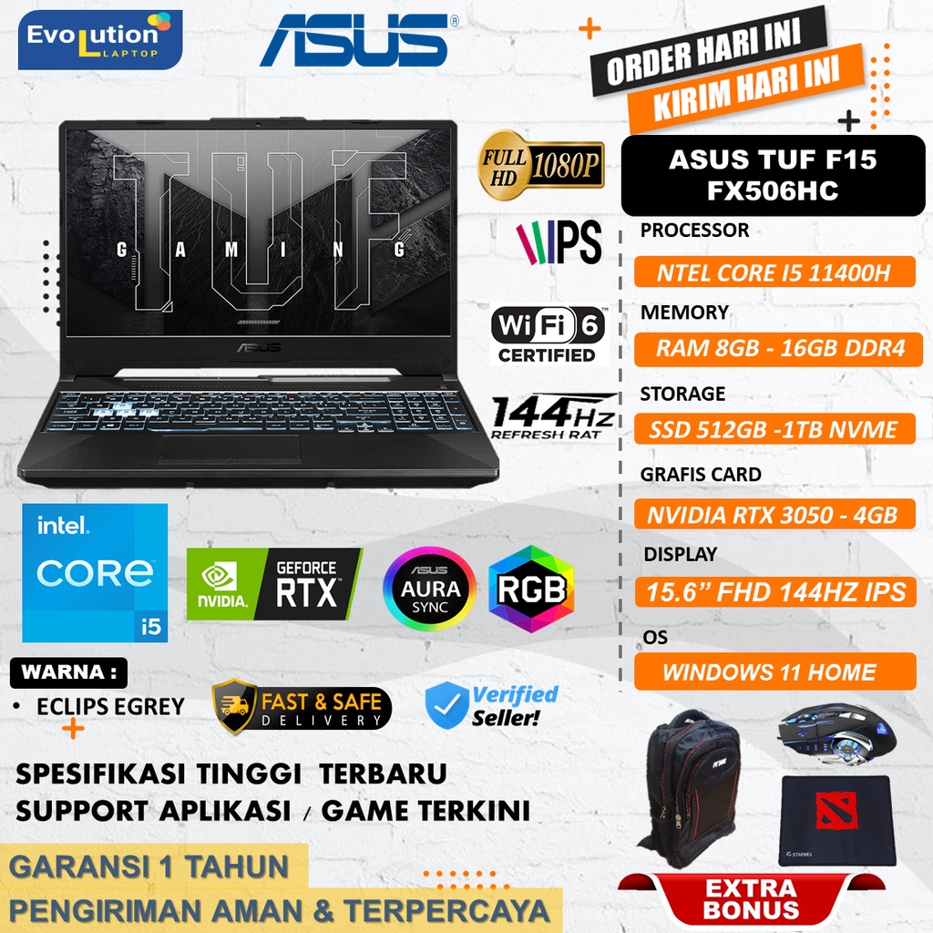 LAPTOP ASUS TUF GAMING F15 FX506HC i5 11400H RAM 16GB SSD 1TB RTX3050 4GB FHD IPS 144HZ WINDOWS 11