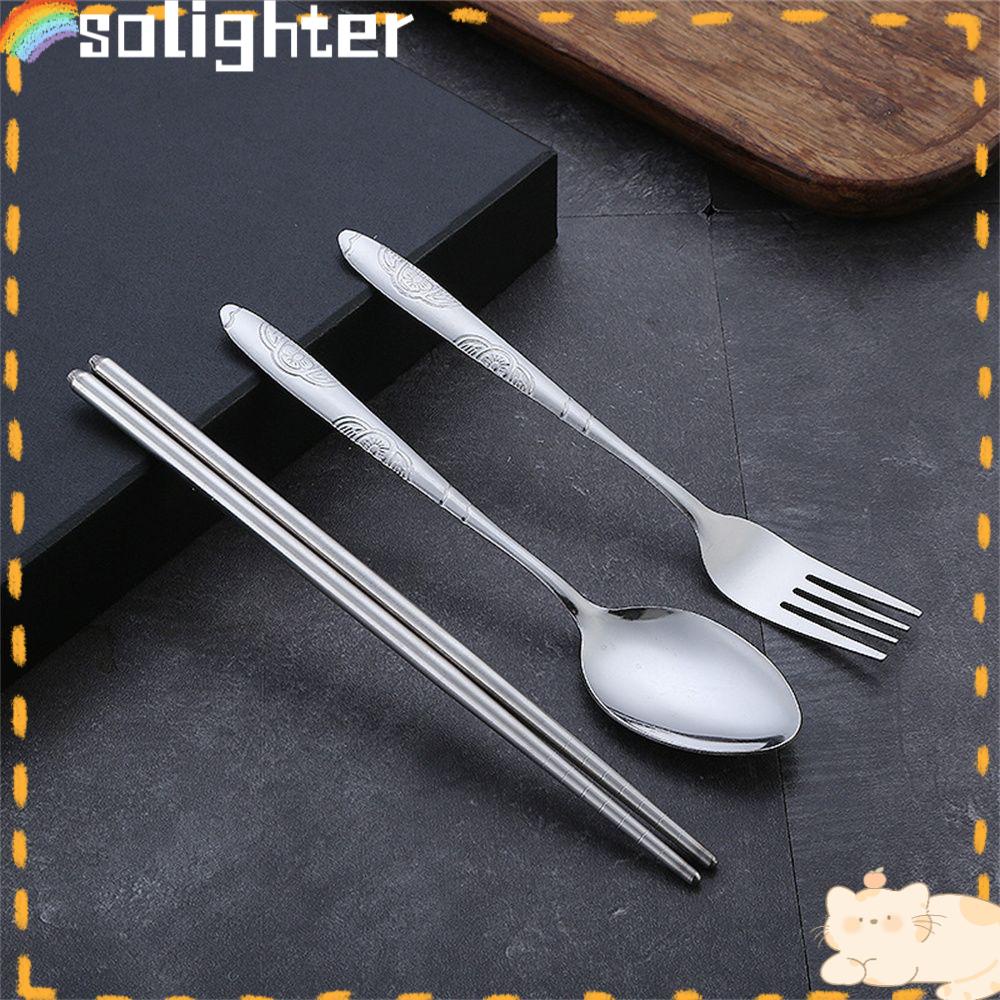 Solighter 3PCS Set Peralatan Makan Travel Reusable Garpu Sendok Sumpit Tempat Penyimpanan Cutlery Set