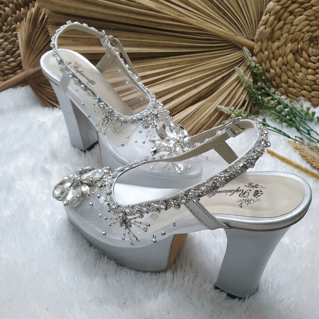 Sepatu wedding pesta cantik khansa silver payet mewah hal 12cm