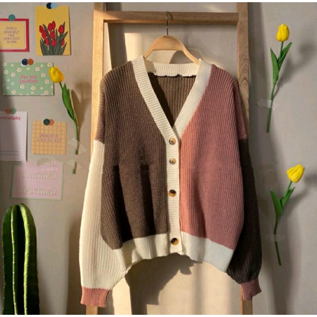 Cardy Two Tone / Cardigan Rajut Combine 3 Warna Tebal 7 Gate Premium