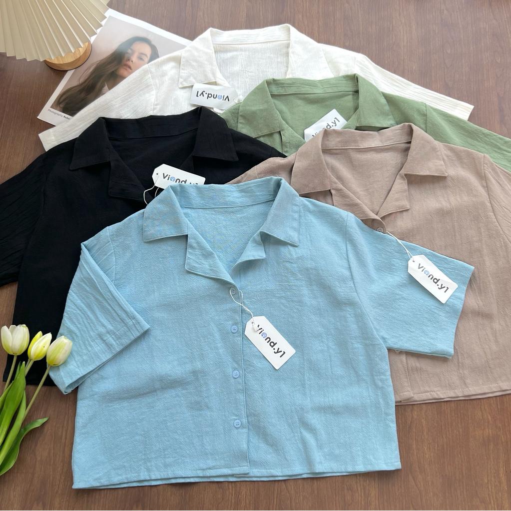 Blouse Polos Wanita Korea Terbaru / Atasan Cewek 142/crop Linen kemeja crop