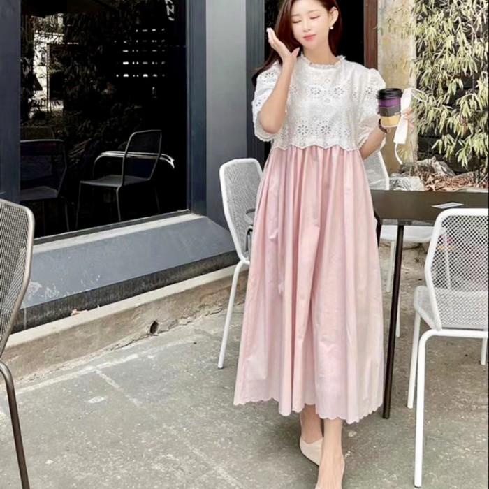 Dress Wanita Pesta Casual Elegant Brokat Lace Lengan Pendek Import Guaranteed