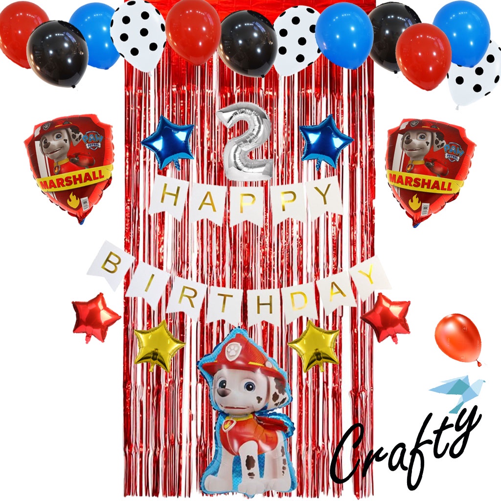 [PAKET] BIRTHDAY Set BANNER PAW PATROL RED MARSHALL Dekorasi Pesta Backdrop Ulang Tahun Anak