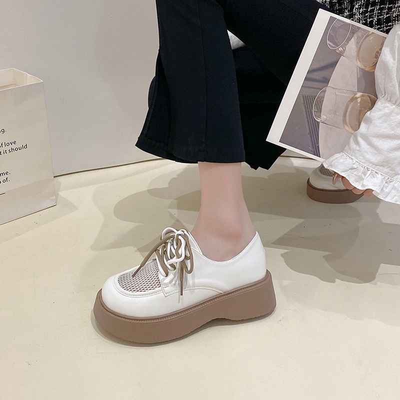 Sepatu Kerja Wanita Cream Jaring Tali Sepatu Perempuan Hitam Klasik Import Woman Casual Shoes Hak Platform SK-047