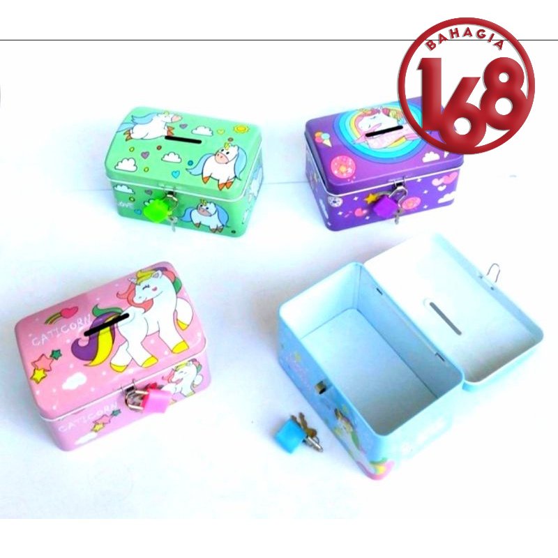 CELENGAN KALENG Kunci SAVING BOX TEMPAT PENYIMPANAN UANG MOTIF UNICORN