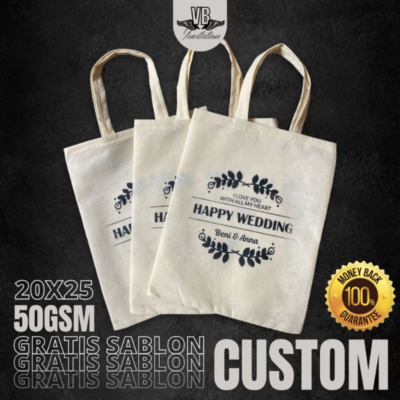 TAS SOUVENIR PERNIKAHAN BISA CUSTOM SABLON TERMURAH TERLARIS SIMPLE KEKINIAN 50GSM F 20X25