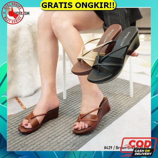 Ando Fixie Merah/Hitam - Sandal Wedges Wanita Ando Surabaya Abbushoes Nn 32 Wedges Kokop Jepit Inola